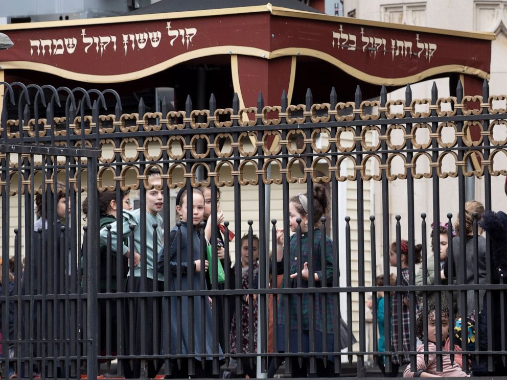 PHOTO: Girls play in a yeshiva schoolyard, Tuesday, April 9, 2019, in the Williamsburg section of New York. The city ordered ultra-Orthodox Jewish schools in Brooklyn to exclude unvaccinated students from classes during the current measles outbreak.