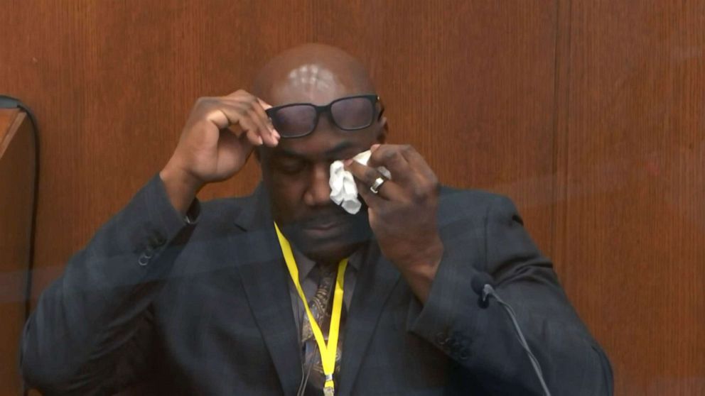 PHOTO: Philonise Floyd, brother of George Floyd, wipes away tears during his testimony, April 12, 2021, during the trial of former police officer Derek Chauvin in Minneapolis.