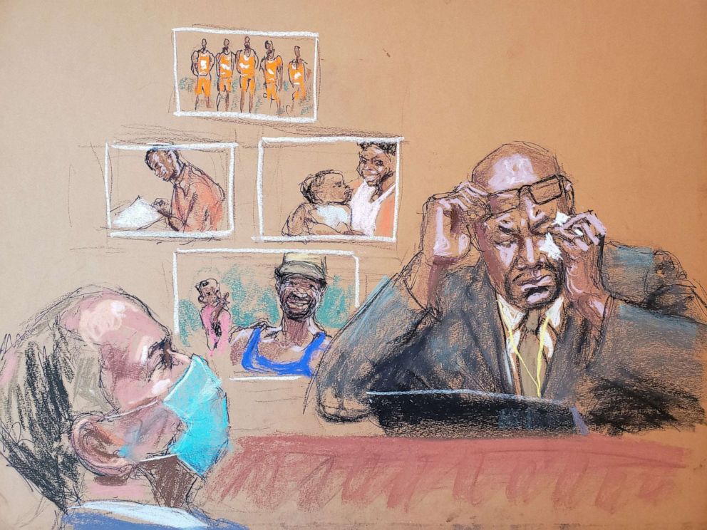 PHOTO: Philonise Floyd speaks about his brother as he answers questions on the eleventh day of the trial of former Minneapolis police officer Derek Chauvin, left, in the death of George Floyd in Minneapolis, April 12, 2021, in this courtroom sketch.
