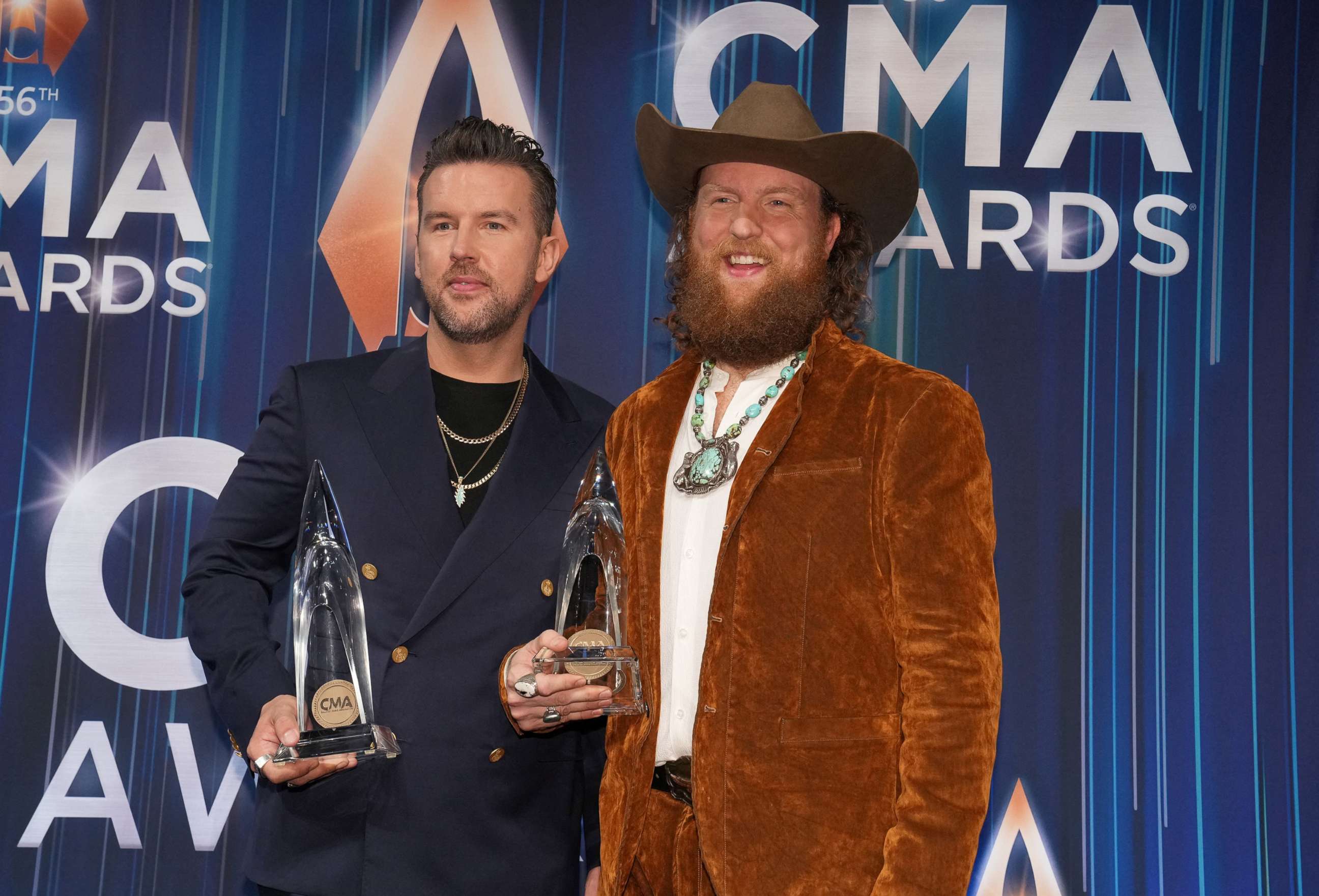 PHOTO: Brothers Osborne pose with their award for Vocal Duo of the Year at the 56th Annual CMA Awards at Bridgestone Arena, in Nashville, Tenn., Nov. 9, 2022.