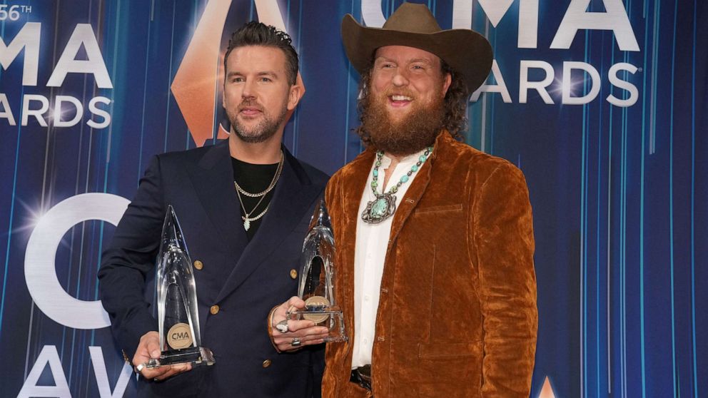 PHOTO: Brothers Osborne pose with their award for Vocal Duo of the Year at the 56th Annual CMA Awards at Bridgestone Arena, in Nashville, Tenn., Nov. 9, 2022.