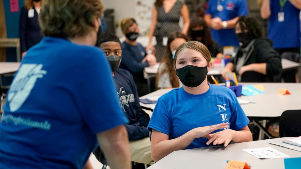 PHOTO: American Federation of Teachers President Randi Weingarten, left, speaks with a student at the New River Middle School, Thursday, Sept. 2, 2021, in Fort Lauderdale, Fla.