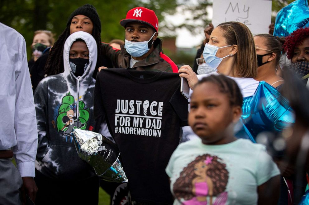 PHOTO: The family of Andrew Brown Jr. join demonstrators for a balloon release in his honor in Elizabeth City, N.C., April 23, 2021.