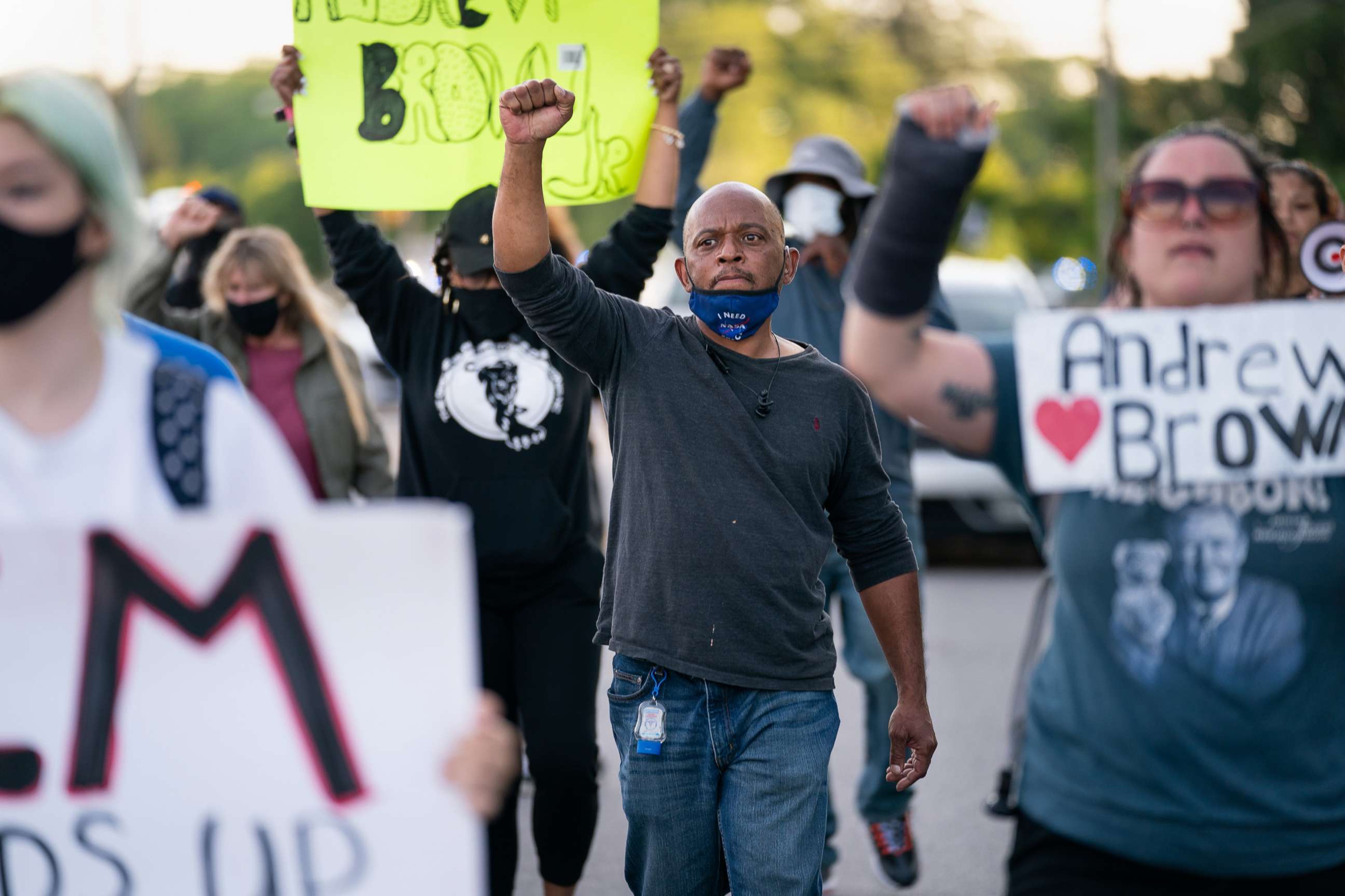 PHOTO: Protestors march in the street after a news conference addressing police video footage of the shooting death of Andrew Brown Jr., May 11, 2021, in Elizabeth City, N.C.