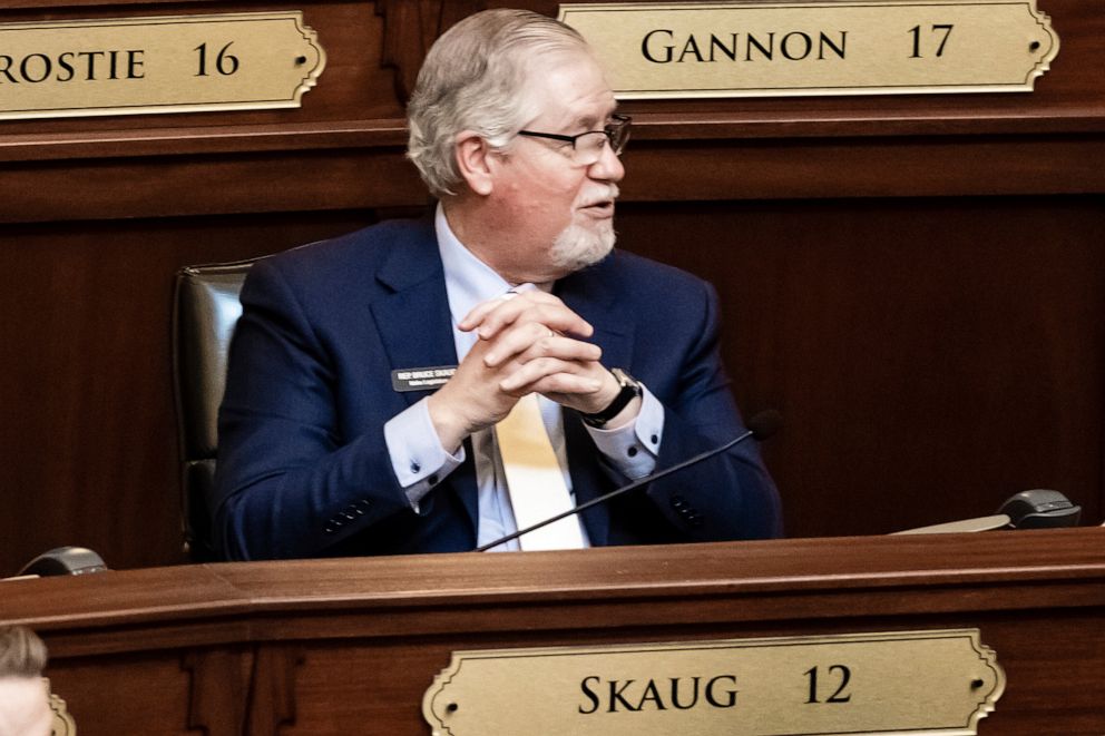 PHOTO: Idaho Rep. Bruce Skaug sits at his desk inside the house chambers at the state Capitol building, Jan. 10, 2022, in Boise, Idaho.