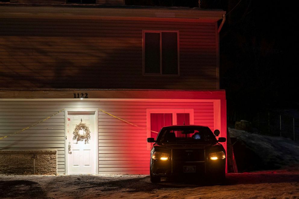PHOTO: A private security officer sits in a vehicle, Tuesday, Jan. 3, 2023, in front of the house in Moscow, Idaho where four University of Idaho students were killed in November, 2022.