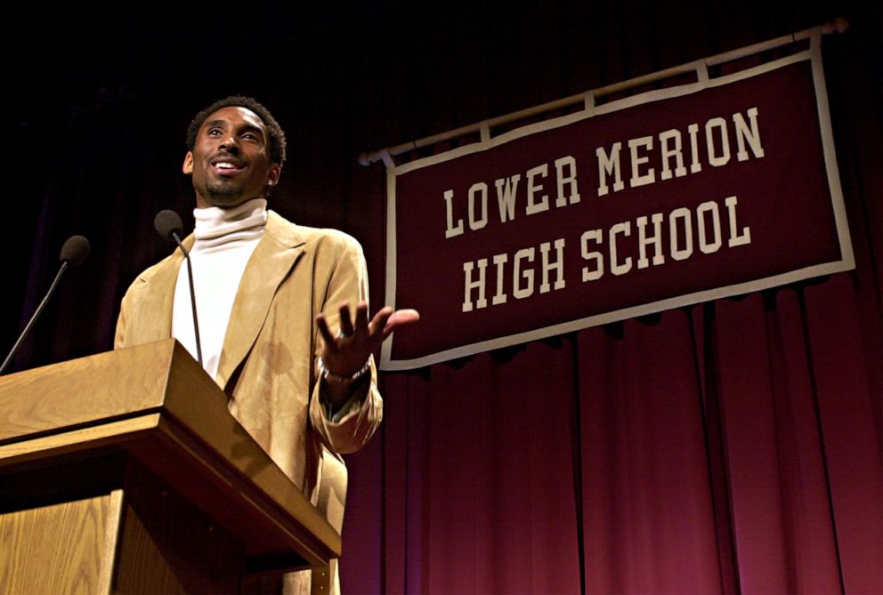 PHOTO: File - Los Angeles Lakers' Kobe Bryant speaks at Lower Merion High School in Ardmore, Pa. on Jan. 26, 2002, where Bryant's high school jersey, number 33, was retired during a ceremony.