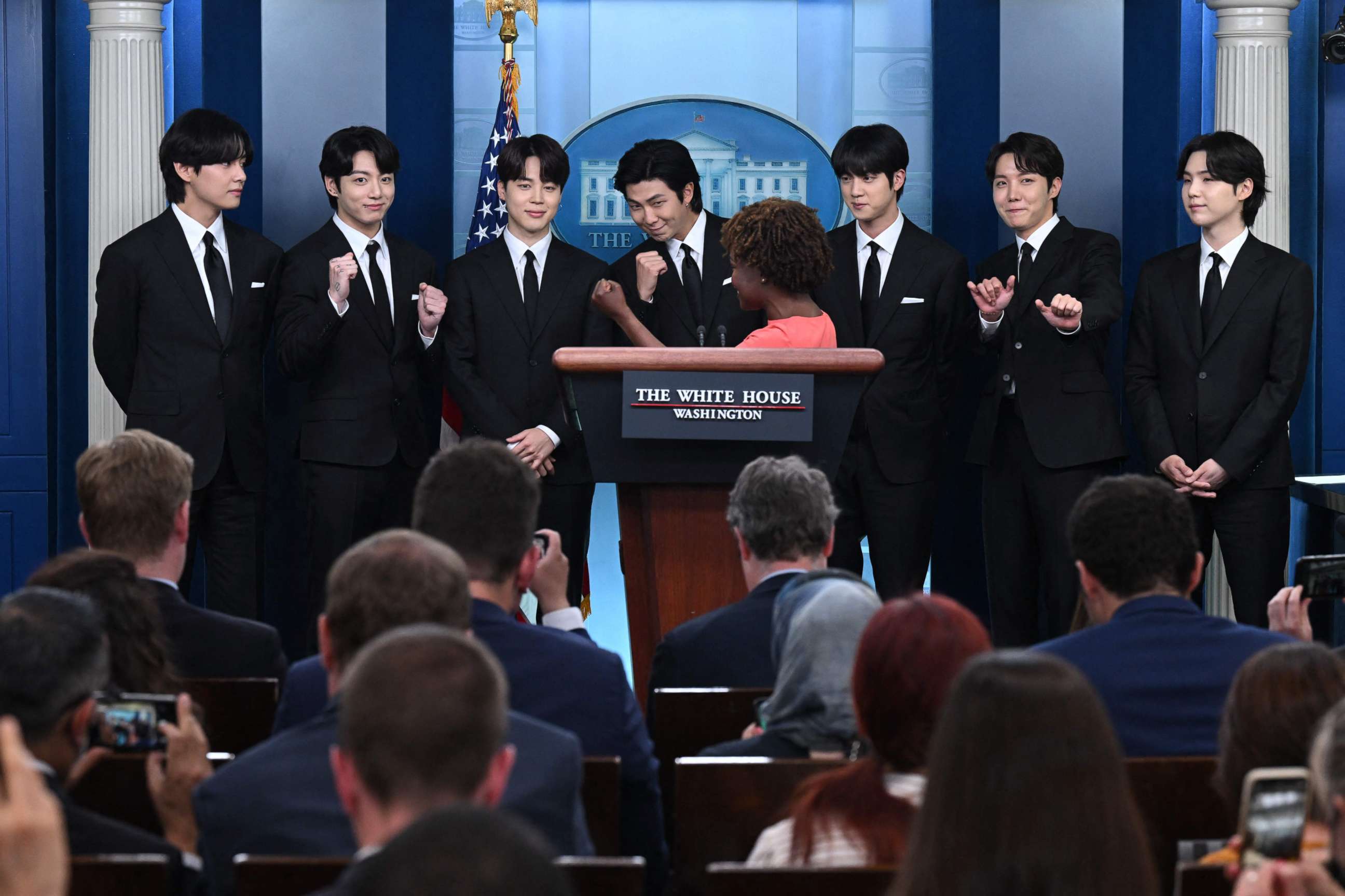 PHOTO: Korean band BTS appears at the daily press briefing with Press Secretary Karine Jean-Pierre, in the Brady Press Briefing of the White House in Washington, DC, May 31, 2022.