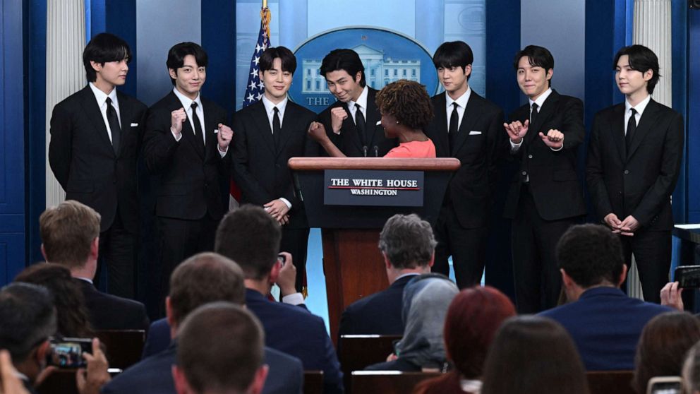 PHOTO: Korean band BTS appears at the daily press briefing with Press Secretary Karine Jean-Pierre, in the Brady Press Briefing of the White House in Washington, DC, May 31, 2022.