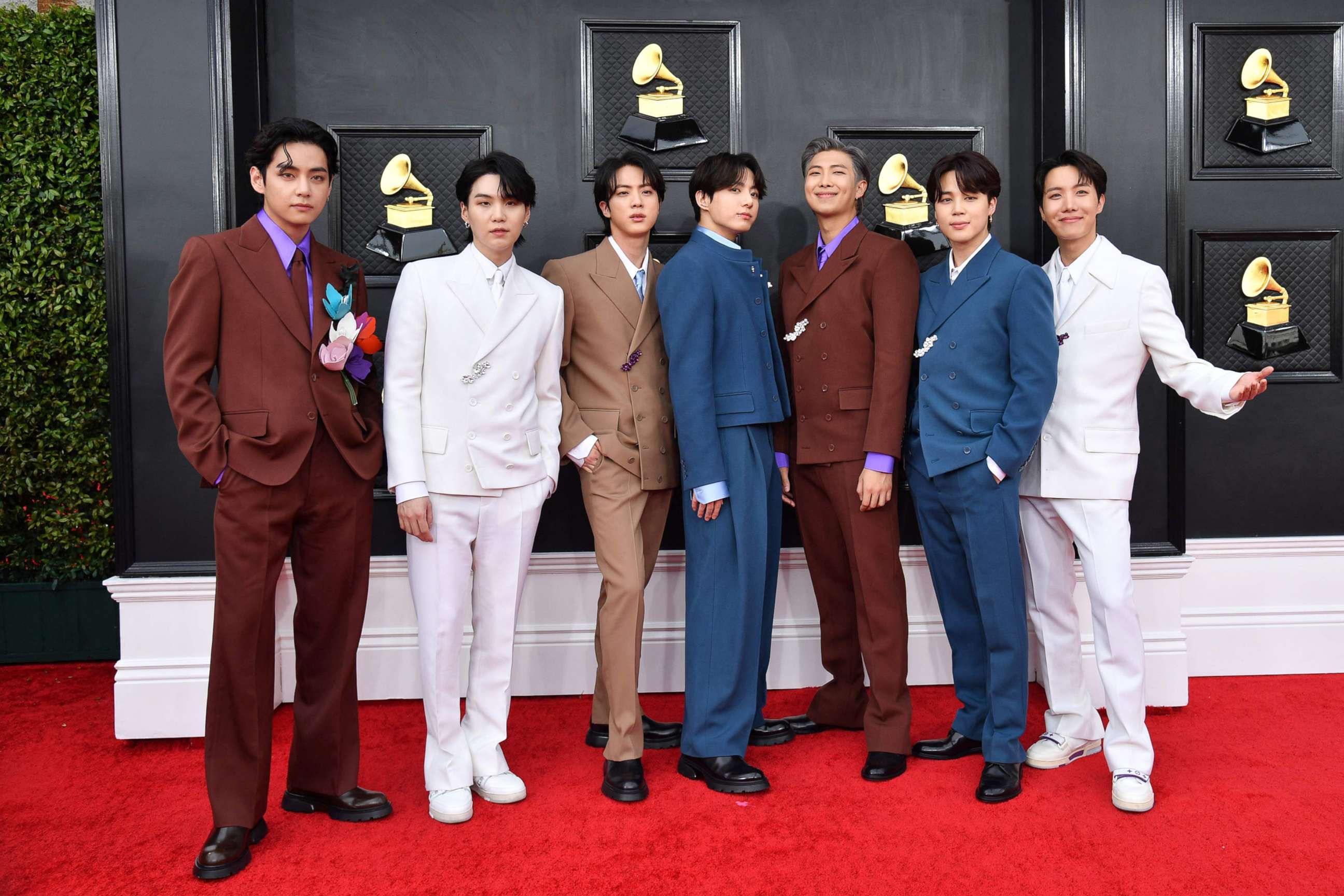 PHOTO: BTS arrives for the 64th Annual Grammy Awards at the MGM Grand Garden Arena in Las Vegas, April 3, 2022.