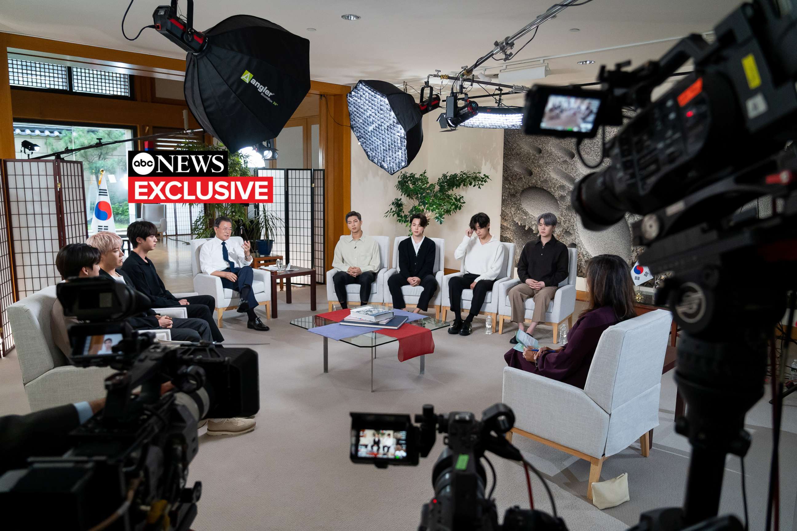 PHOTO: South Korean President Moon Jae-in and Korean musical sensation BTS sat down for an exclusive interview with ABC News' Juju Chang on Sept. 22, 2021.