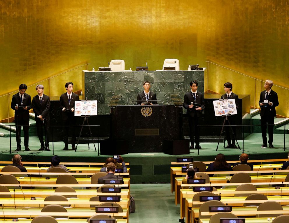 (L-R) Taehyung/V, Suga, Jin, RM, Jungkook, Jimin and JHope of South Korean boy band BTS speak at the SDG Moment event as part of the UN General Assembly 76th session at the United Nations Headquarters on Sept. 20, 2021, in New York City.