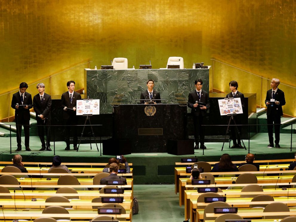 PHOTO: Left to right, Taehyung/V, Suga, Jin, RM, Jungkook, Jimin and JHope of South Korean boy band BTS speak at the SDG Moment event as part of the UN General Assembly 76th session at the United Nations Headquarters on Sept. 20, 2021, in New York City.
