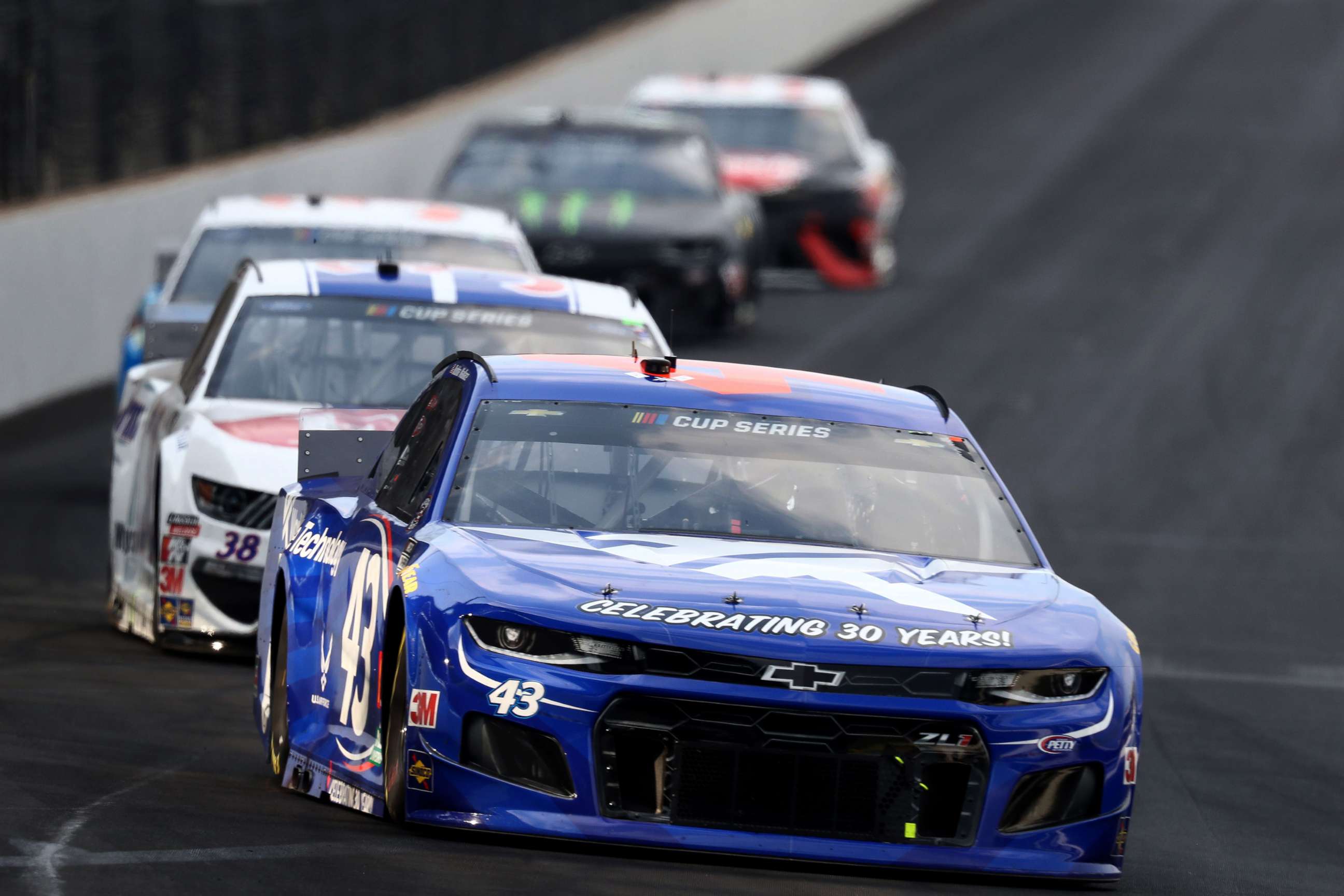 PHOTO: Bubba Wallace, driver of the #43 World Wide Technology Chevrolet, races during the NASCAR Cup Series Big Machine Hand Sanitizer 400 Powered by Big Machine Records at Indianapolis Motor Speedway on July 05, 2020 in Indianapolis.