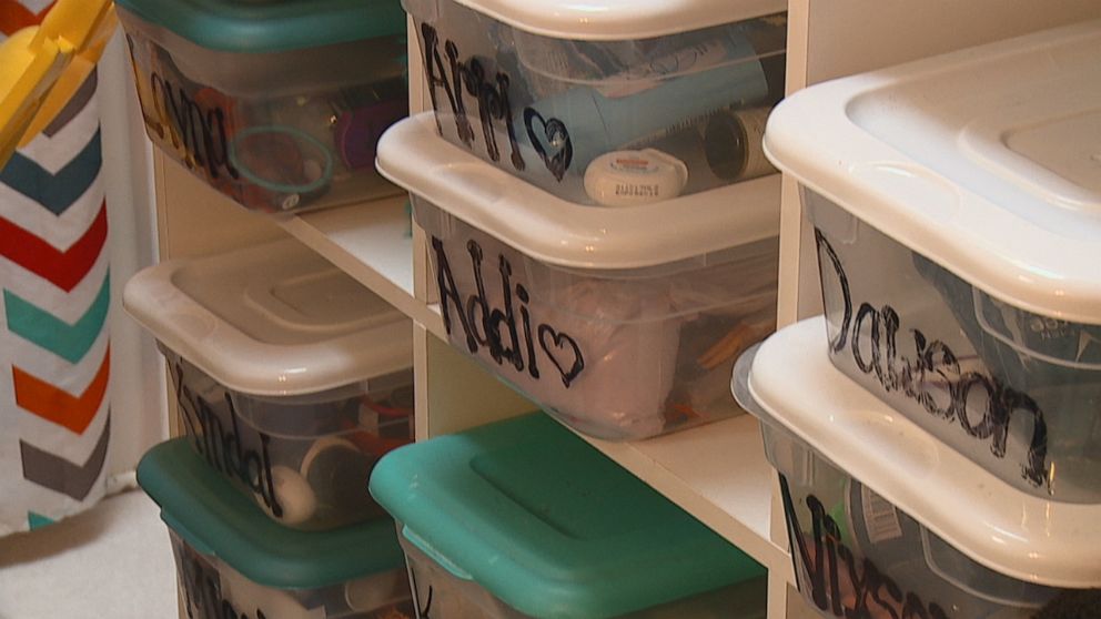 PHOTO: 12 people live in the house with two bathrooms, so Terri has given each of her children a small container to hold all their personal toiletries.
