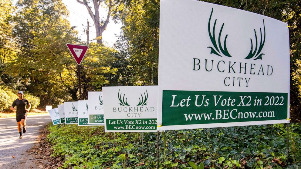 PHOTO: Yard signs supporting the grassroots initiative to incorporate Buckhead, an Atlanta neighborhood plagued by a recent crime wave, as a distinct city have been popping up like mushrooms, pictured on Monday, Sept. 27, 2021, in Atlanta.