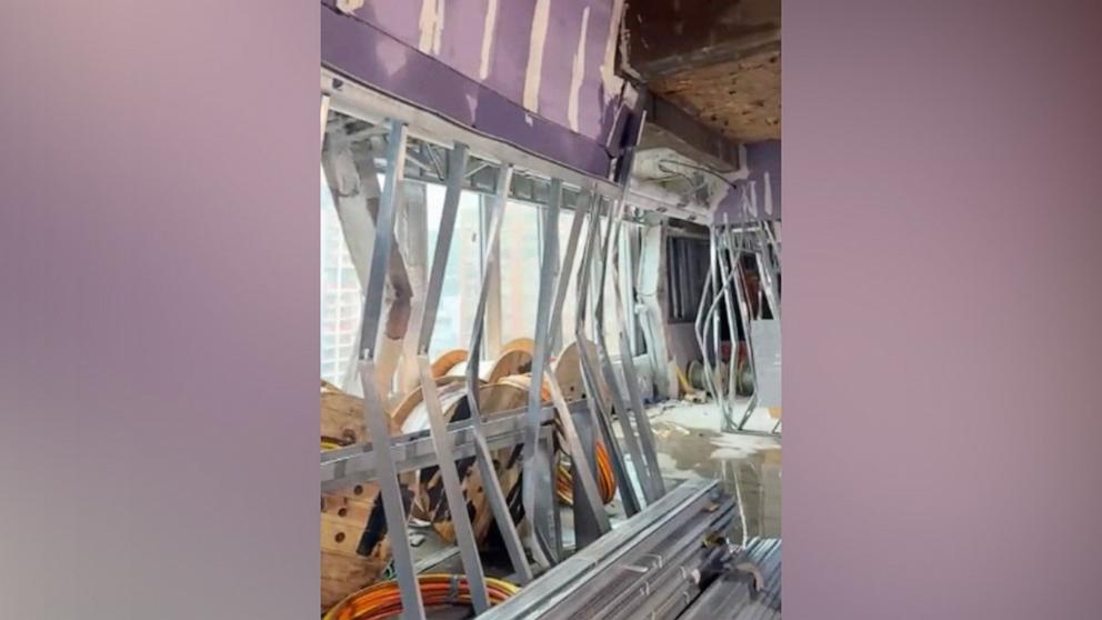 PHOTO: This screen grab from a video taken on the 22nd floor of a Midtown building shows interior damage, on July 7, 2026, in New York.
