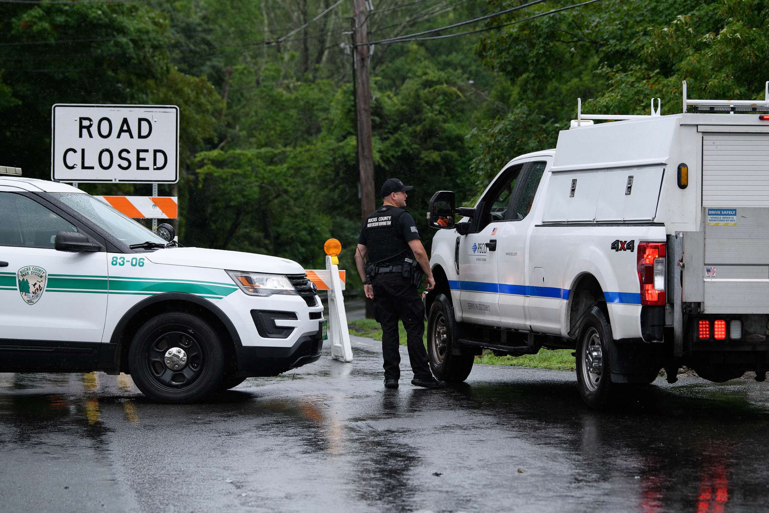 PHOTO: The road in Washington Crossing, Pa., where 11 vehicles were trapped by flash flooding late Saturday afternoon, July 16, 2023.