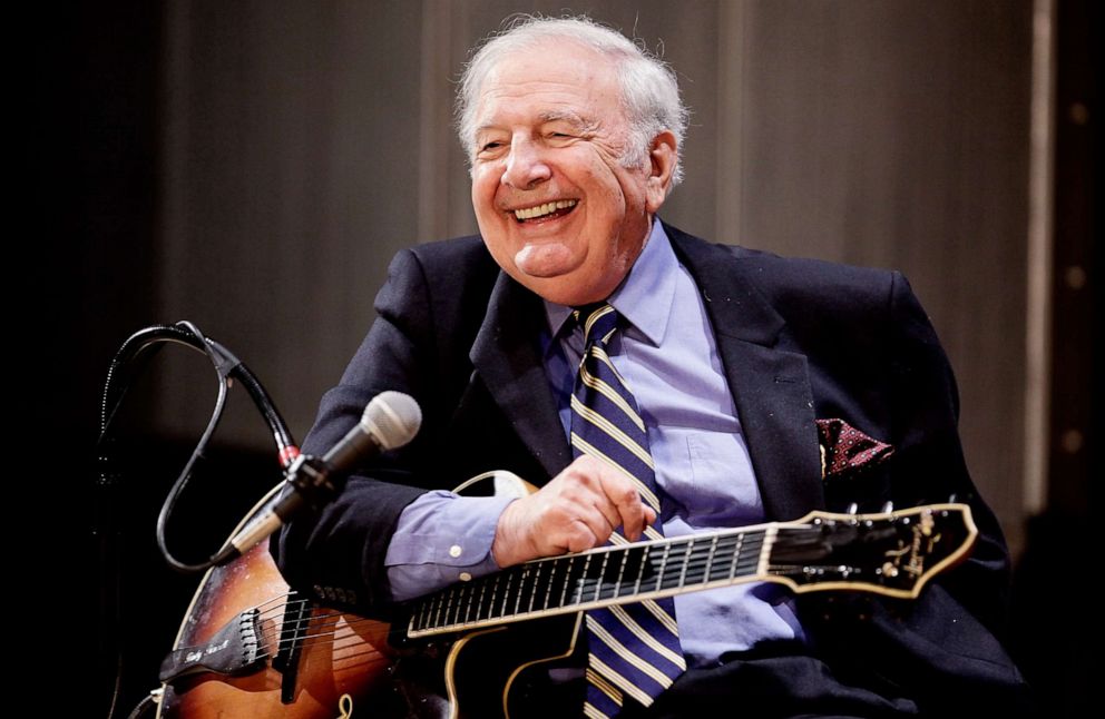 PHOTO: Guitar Player Bucky Pizzarelli performs live at The Duke Jazz Talks at Bruno Walter Auditorium - New York Public Library for the Performing Arts on February 11, 2009 in New York City.