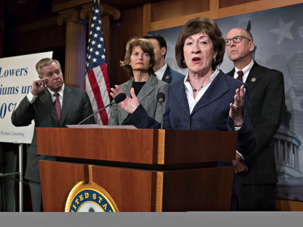 Sen. Susan Collins, joined, from left, by Sen. Lindsey Graham, Lisa Murkowski, and Rep. Greg Walden, pushes for inclusion in the pending government spending bill of provisions to lower health insurance premiums on the Affordable Care Act marketplace.