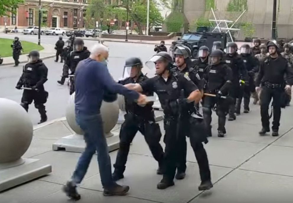 PHOTO: In this image from video provided by WBFO, a Buffalo police officer appears to shove a man who walked up to police, June 4, 2020, in Buffalo, N.Y.