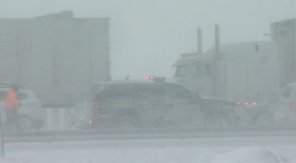 PHOTO: One person is dead and another seriously injured after blizzard conditions caused a pileup on the New York State Thruway near Buffalo involving at least two dozen vehicles. 