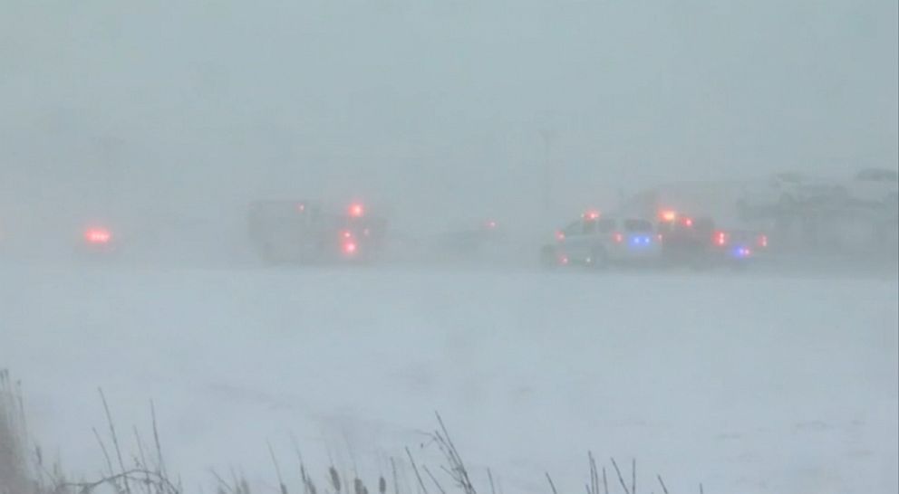 PHOTO: One person is dead and another seriously injured after blizzard conditions caused a pileup on the New York State Thruway near Buffalo involving at least two dozen vehicles. 