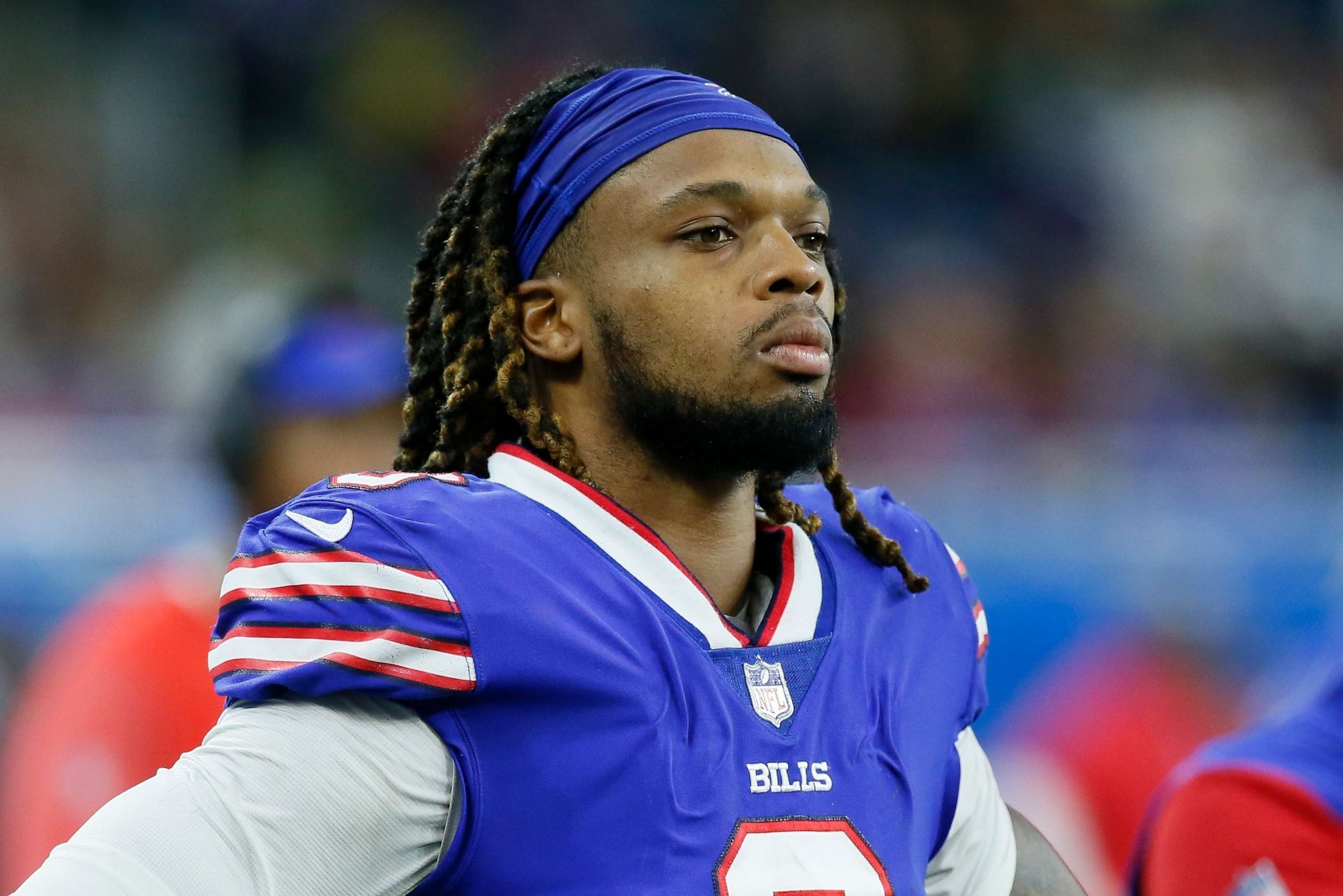 PHOTO: Buffalo Bills safety Damar Hamlin looks on during the second half of an NFL football game against the Cleveland Browns, Nov. 20, 2022, in Detroit.