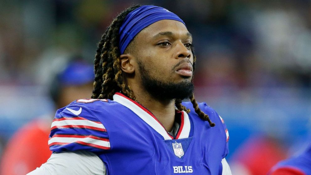 PHOTO: Buffalo Bills safety Damar Hamlin looks on during the second half of an NFL football game against the Cleveland Browns, Nov. 20, 2022, in Detroit.