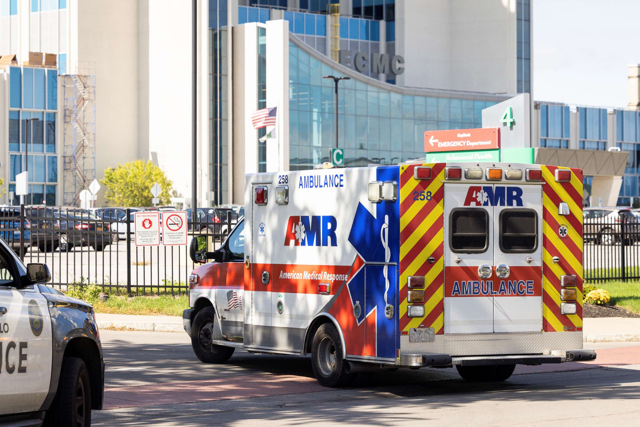 PHOTO: An ambulance is seen outside the Erie County Medical Center (ECMC) Hospital in Buffalo, New York, Sept. 28, 2021.