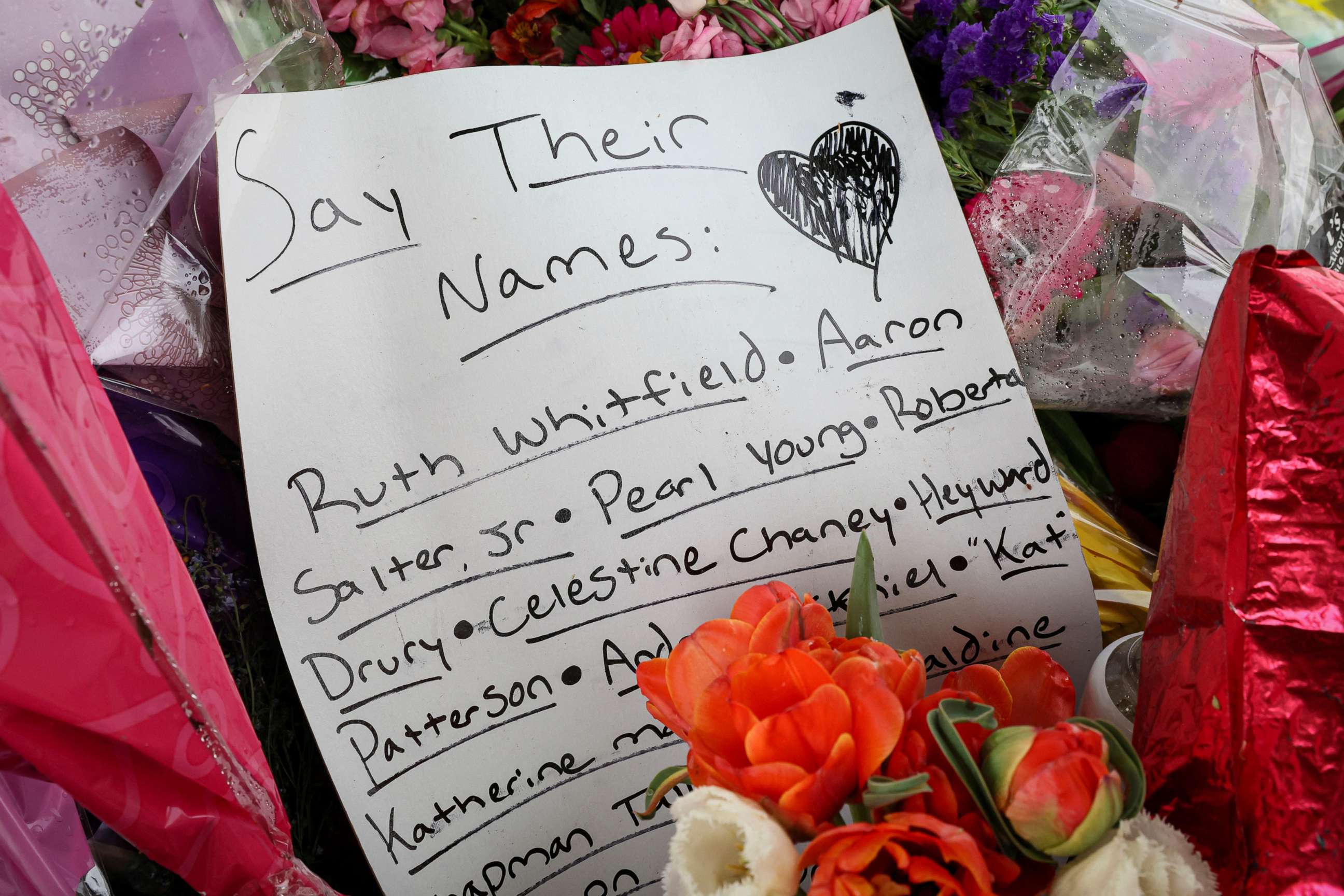 PHOTO: A memorial, near the scene of the May 14 mass shooting, shows the names of the victims in Buffalo, New York, May 16, 2022.