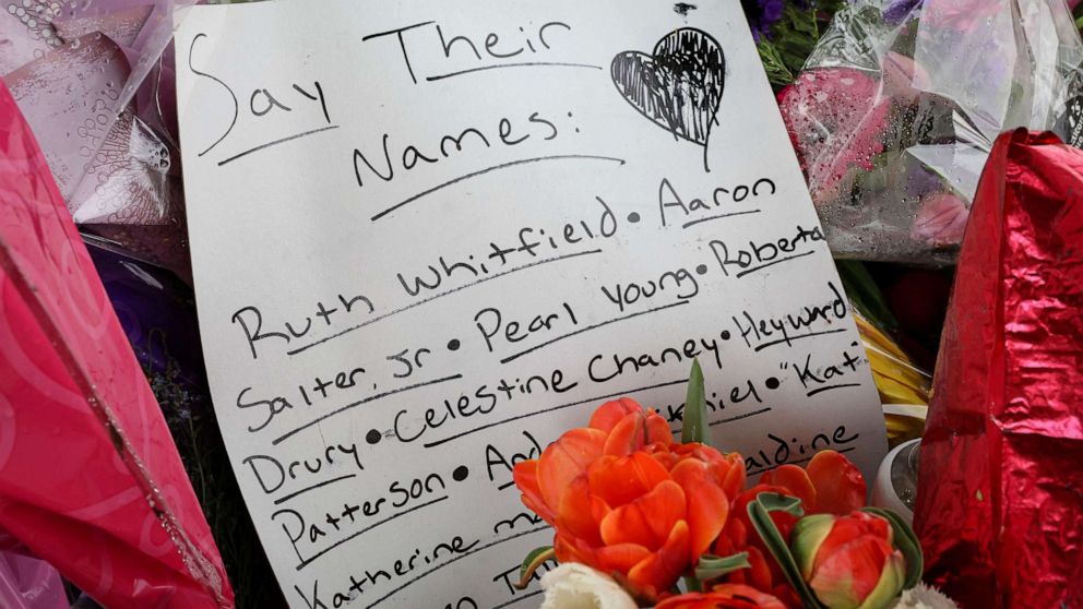 PHOTO: A memorial, near the scene of the May 14 mass shooting, shows the names of the victims in Buffalo, New York, May 16, 2022.
