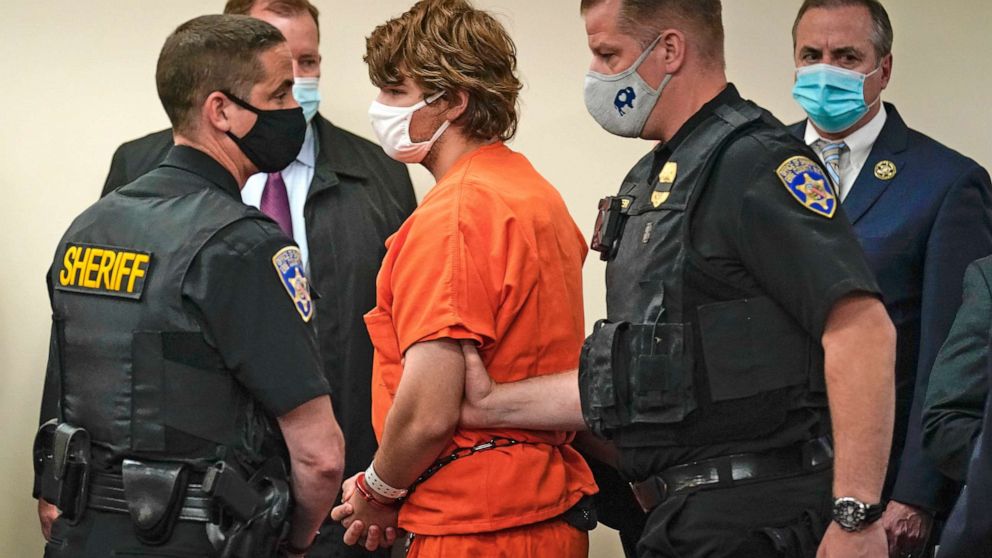 PHOTO: Payton Gendron is led out of the courtroom after a hearing at Erie County Court, in Buffalo, N.Y., May 19, 2022. Gendron faces charges in the May 14, fatal shooting at a supermarket.