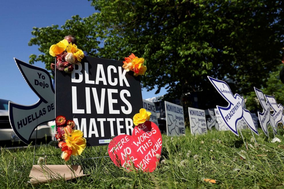 PHOTO: A memorial for victims is seen near the scene of a shooting at a TOPS supermarket in Buffalo, New York, May 15, 2022.