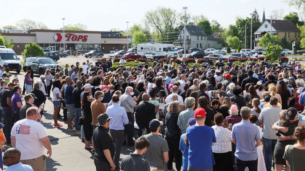 PHOTO: Mourners gather for a vigil for victims of the shooting at a Tops supermarket in Buffalo, NY, May 15, 2022.