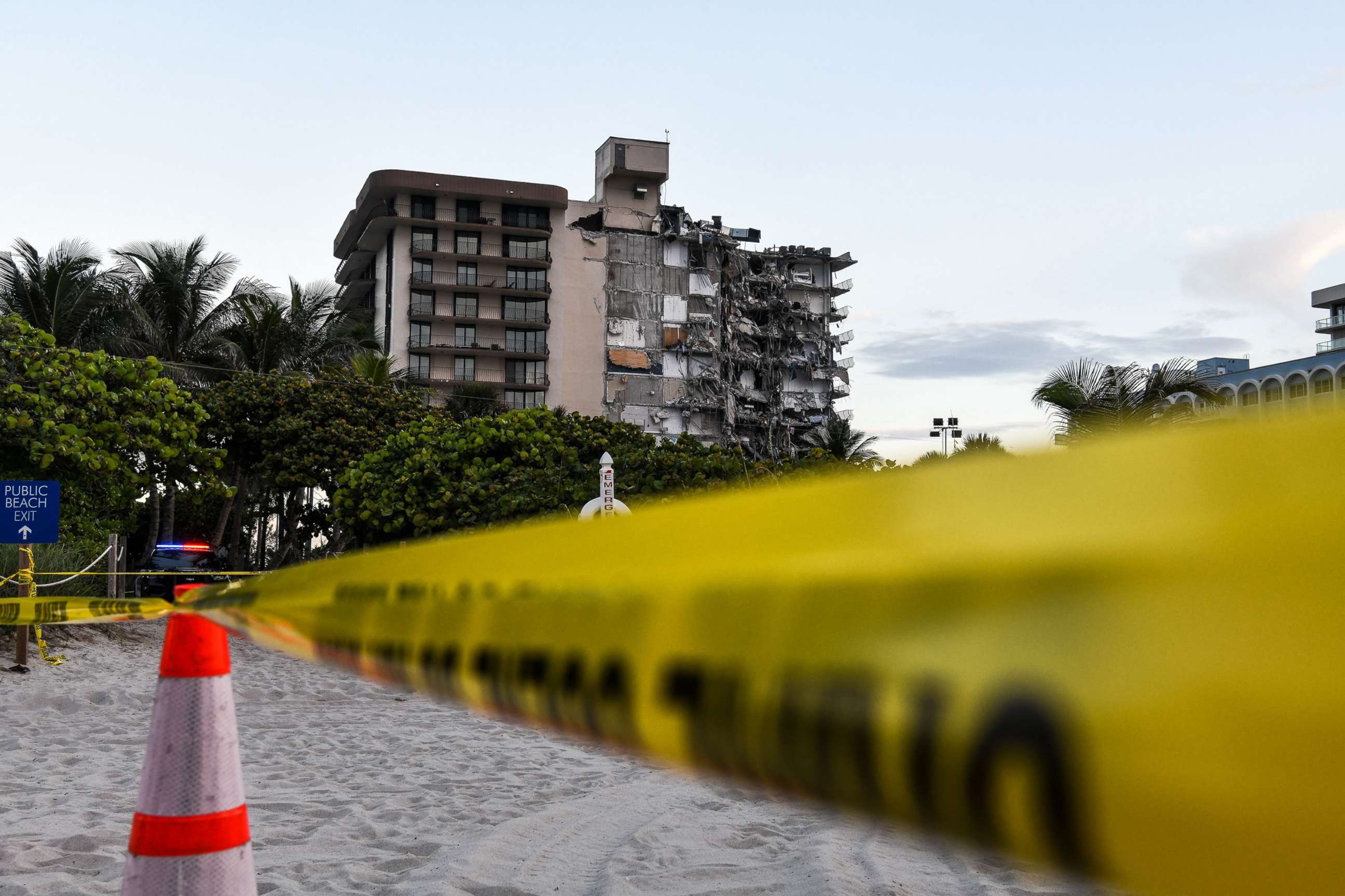 PHOTO: Police tape blocks access to a partially collapsed building in Surfside north of Miami Beach, on June 24, 2021.