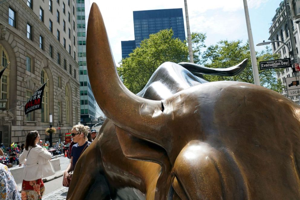 PHOTO:Damage is visible near the base of one of the horns on the iconic bronze Charging Bull statue on Wall Street in New York, Sept. 8, 2019. 