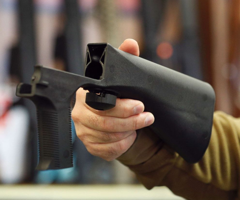 PHOTO: A bump stock device that fits on a semi-automatic rifle to increase the firing speed, making it similar to a fully automatic rifle, is shown here at a gun store, Oct. 5, 2017, in Salt Lake City, Utah.