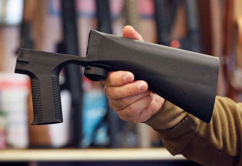 PHOTO: A bump stock device that fits on a semi-automatic rifle to increase the firing speed, making it similar to a fully automatic rifle, shown at a gun store, Oct. 5, 2017, in Salt Lake City, Utah.