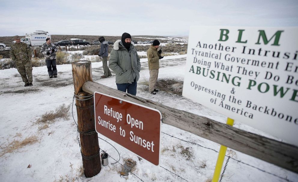 PHOTO: In this Jan. 4, 2016, file photo, members of the group occupying the Malheur National Wildlife Refuge headquarters stand guard near Burns, Ore.
