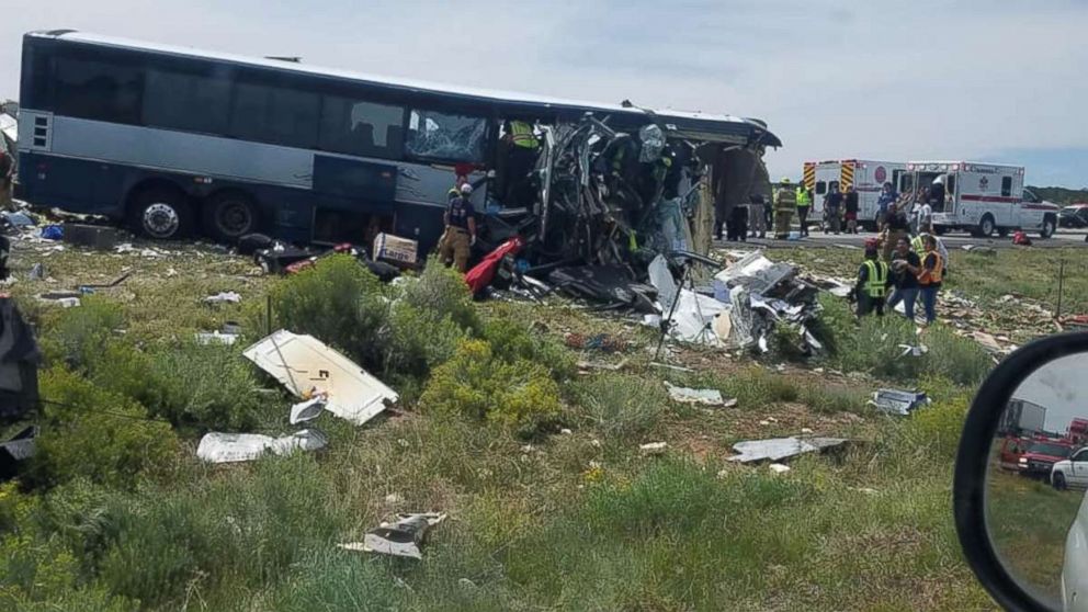 PHOTO: A bus and semi-truck crashed into each other on Interstate 40 in Thoreau, N.M., Aug. 30, 2018. 