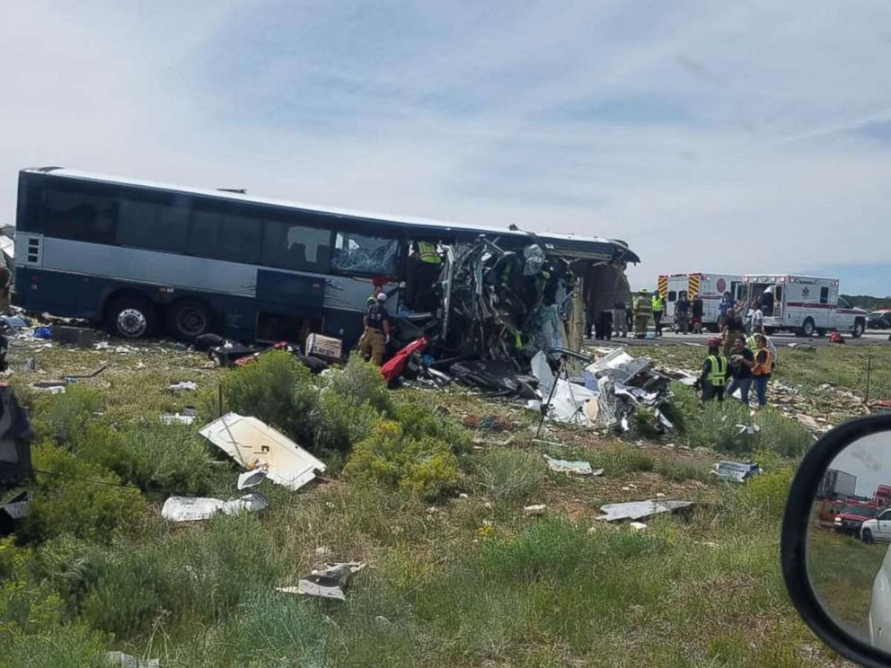 PHOTO: A bus and semi-truck crashed into each other on Interstate 40 in Thoreau, N.M., Aug. 30, 2018. 
