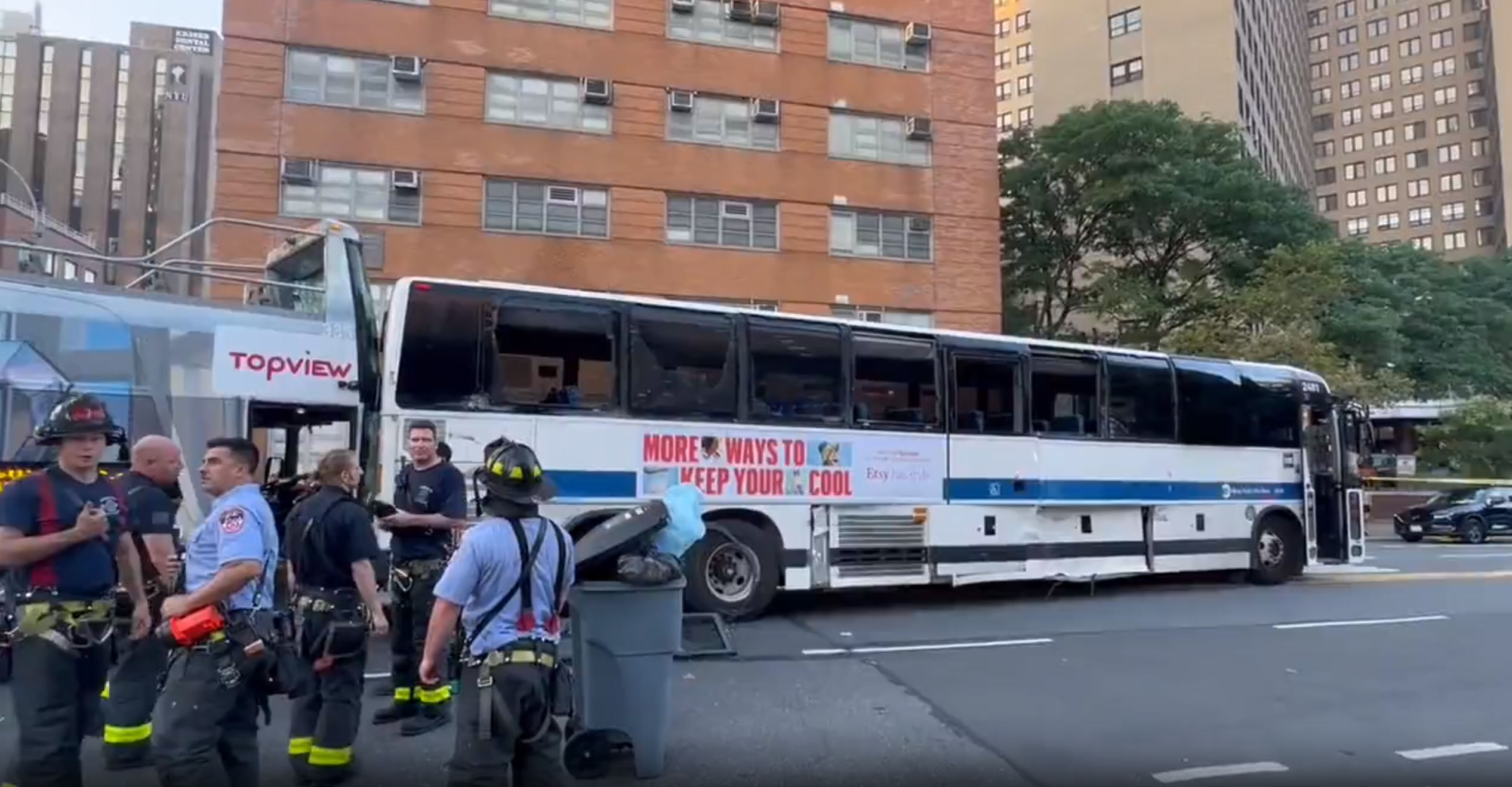 PHOTO: In this screen grab from a video, first responders are shown at the scene of a bus crash in New York, on July 6, 2023.