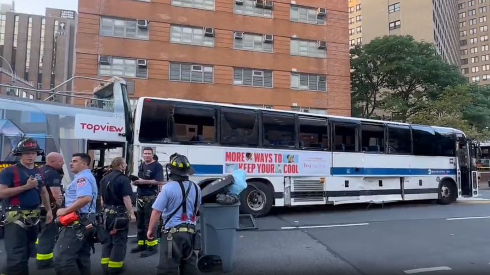 PHOTO: In this screen grab from a video, first responders are shown at the scene of a bus crash in New York, on July 6, 2023.