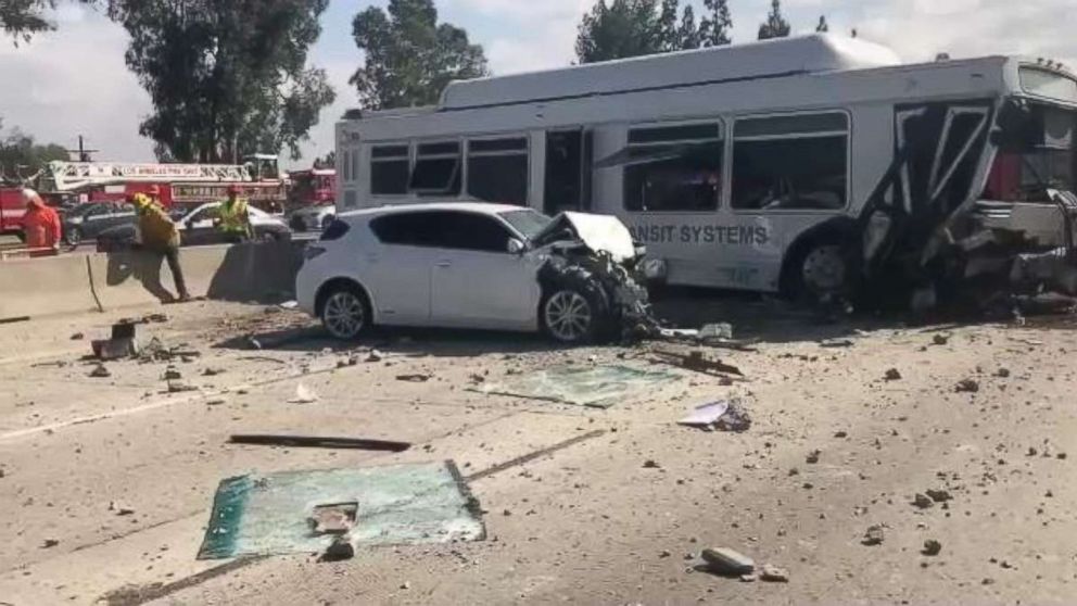 PHOTO: Twenty-five people were hospitalized after a bus crossed a freeway divider and plowed into a car in Los Angeles on Sunday, Oct. 14, 2018.