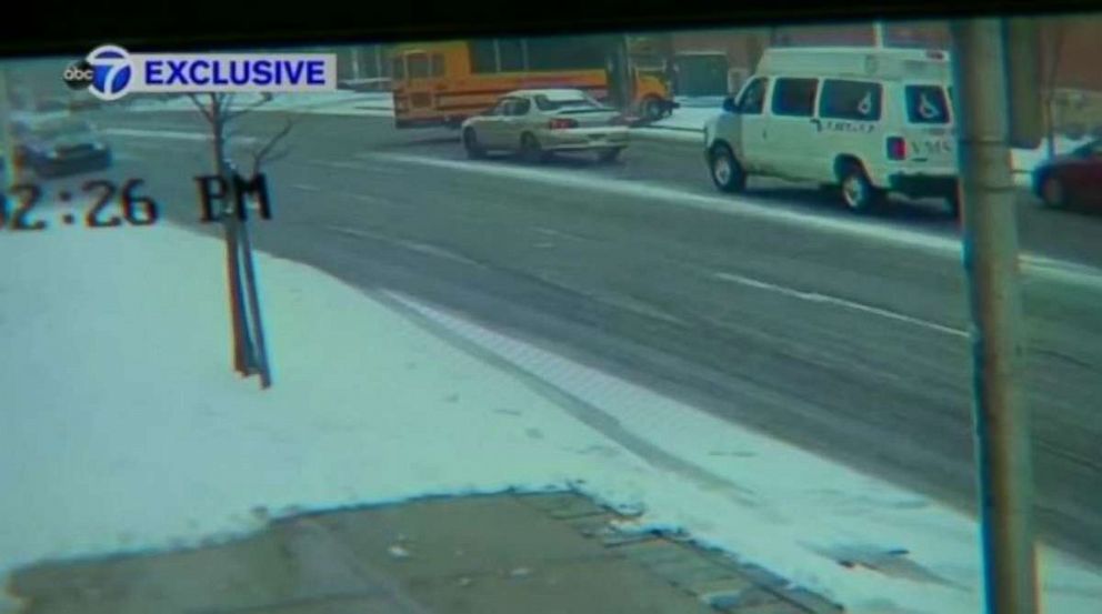 PHOTO: Surveillance video obtained by New York ABC station WABC shows the bus driven by Lisa Byrd rolling through an intersection and into a tree in Newark, N.J., on Wednesday, Feb. 21, 2019.