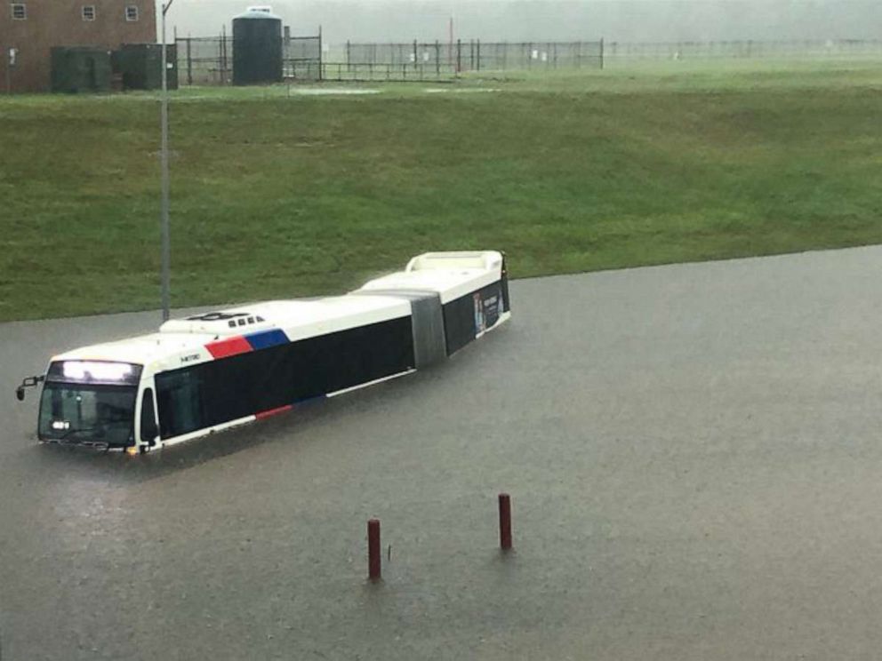 PHOTO: In a photo obtained from social media, a bus is shown stuck in floodwaters at the Houston airport, Sept. 18, 2019.