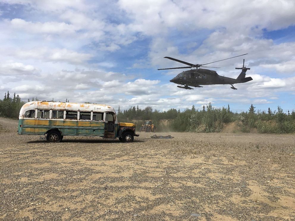 PHOTO: Fairbanks Bus 142, made famous by the book and film "Into the Wild," sits at an interim staging point during it removal by the Alaska Army National Guard from the Stampede Trail in Alaska, on June 18, 2020.