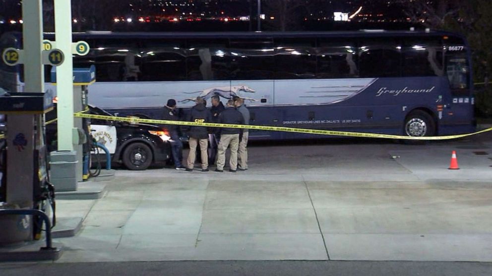PHOTO: Police at the scene of a shooting on a Greyhound bus near Lebec, Calif., early on Feb. 3, 2020.