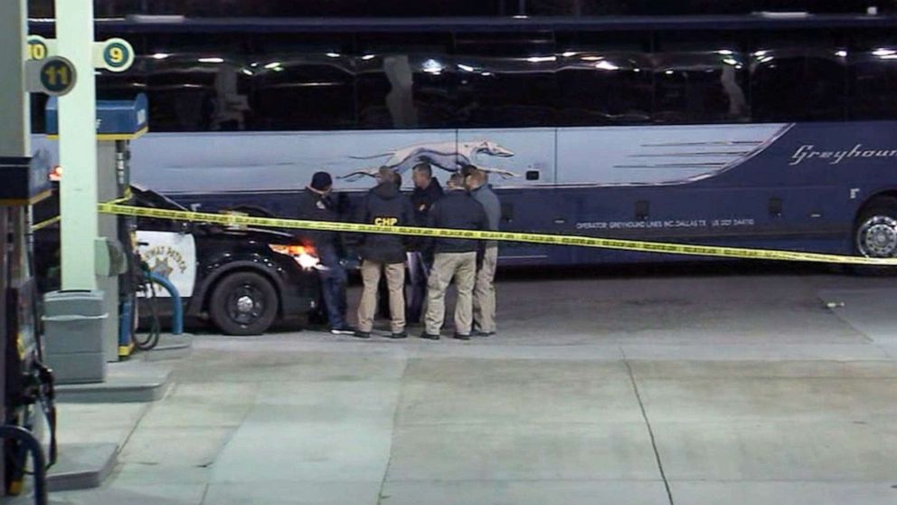 PHOTO: Police at the scene of a shooting on a Greyhound bus near Lebec, Calif., early on Feb. 3, 2020.
